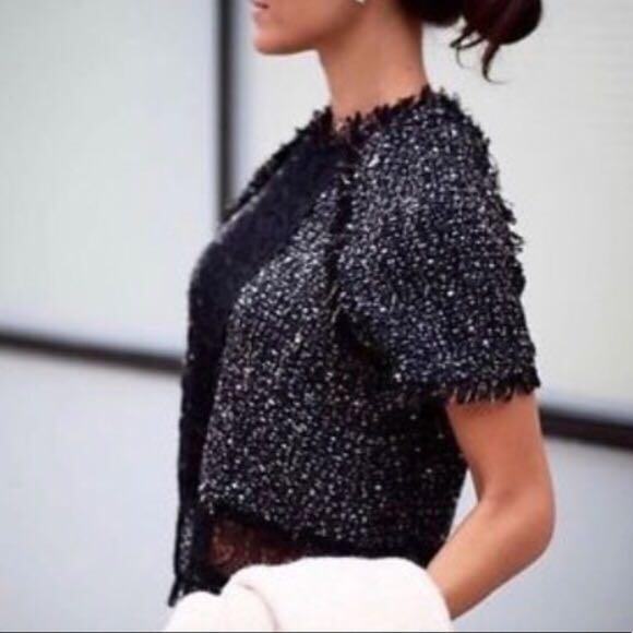Zara speckled tweed raw edge lace detail top size Large - Picture 5 of 14
